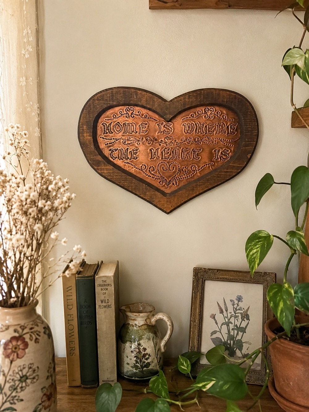 Vintage Copper Heart Wall Art “Home Is Where the Heart Is” Rustic Wood Decor